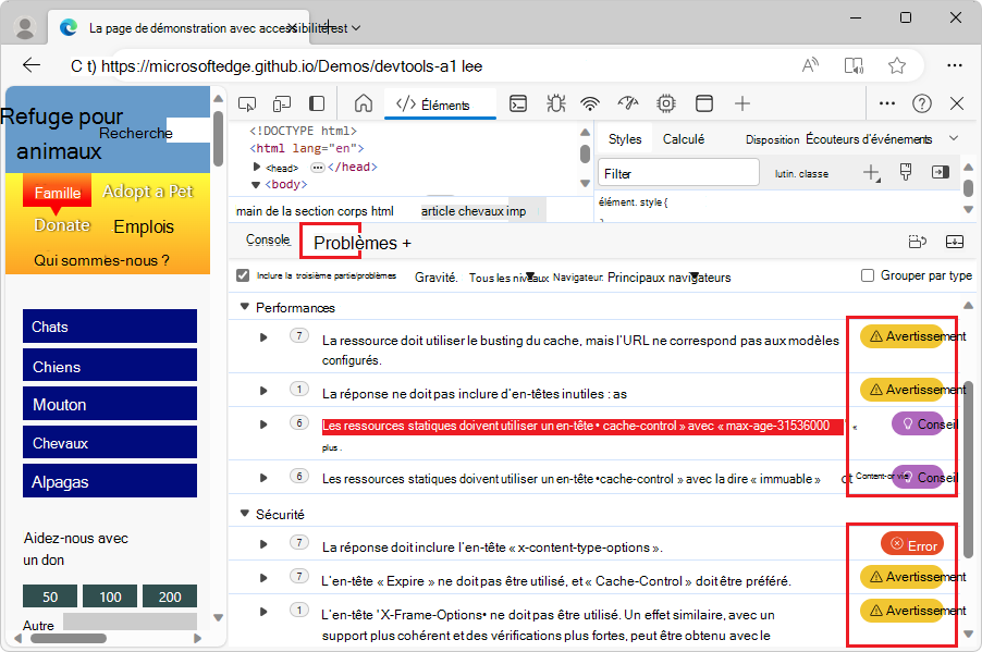 L’outil Problèmes affiche les problèmes de performances triés par gravité