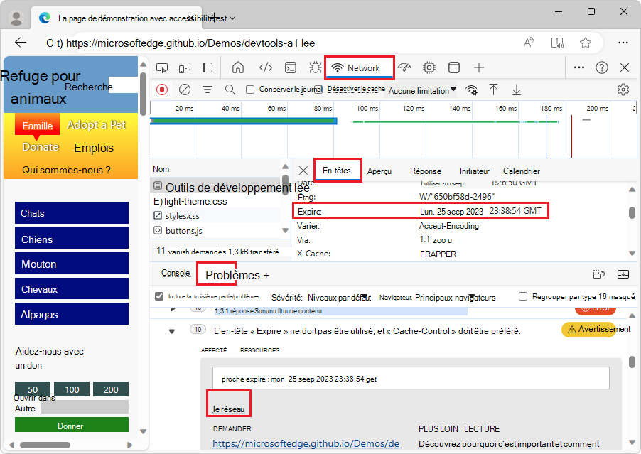 L’outil Réseau s’ouvre lorsque vous sélectionnez un lien de ressource réseau