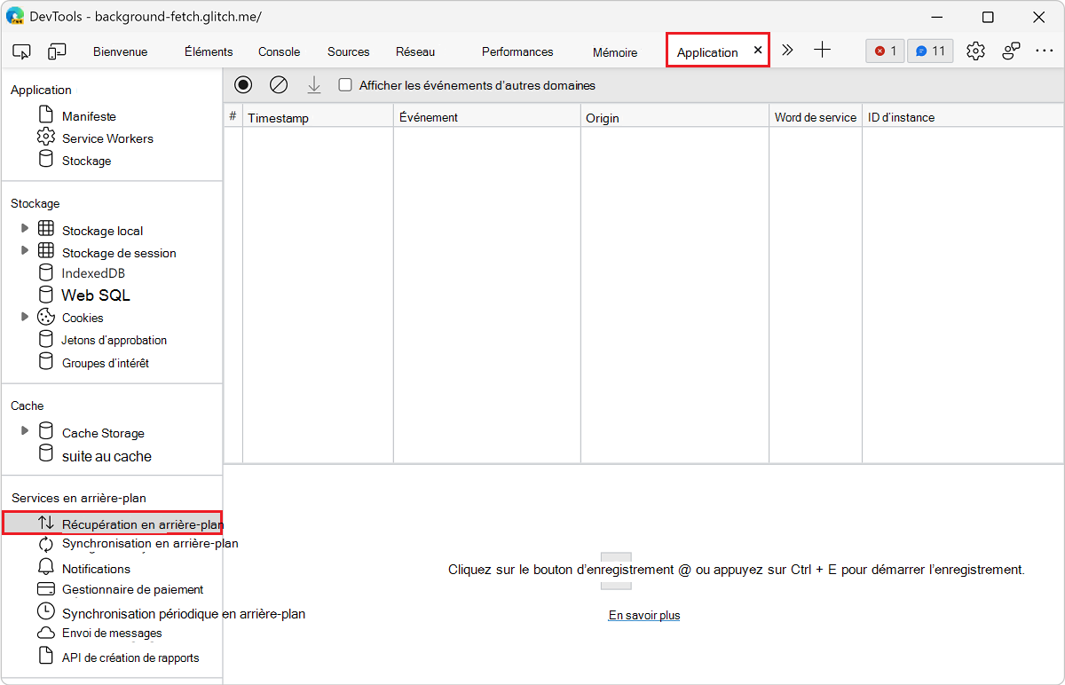 Panneau Récupération en arrière-plan