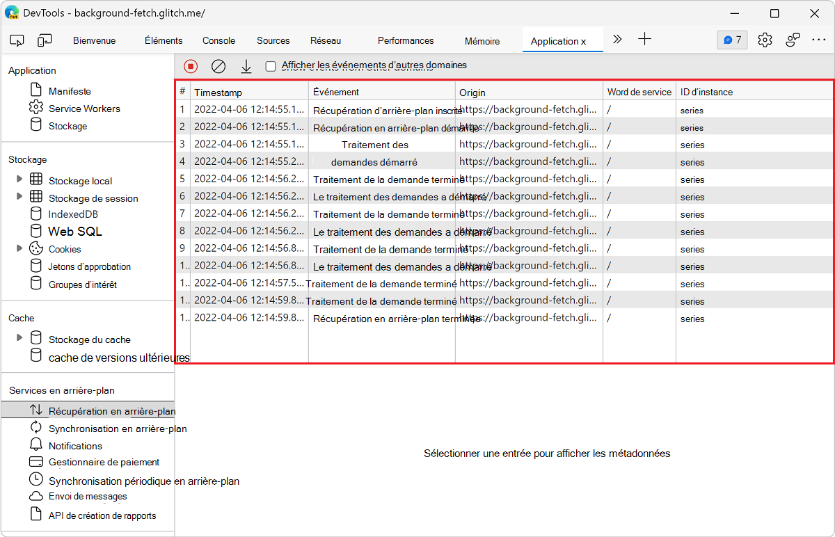Journal des événements dans le panneau Récupération en arrière-plan