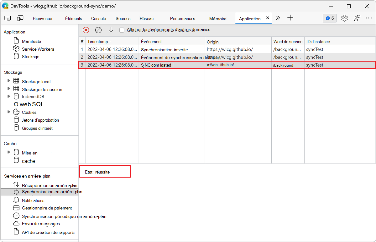 Afficher les détails d’un événement dans le volet Synchronisation en arrière-plan