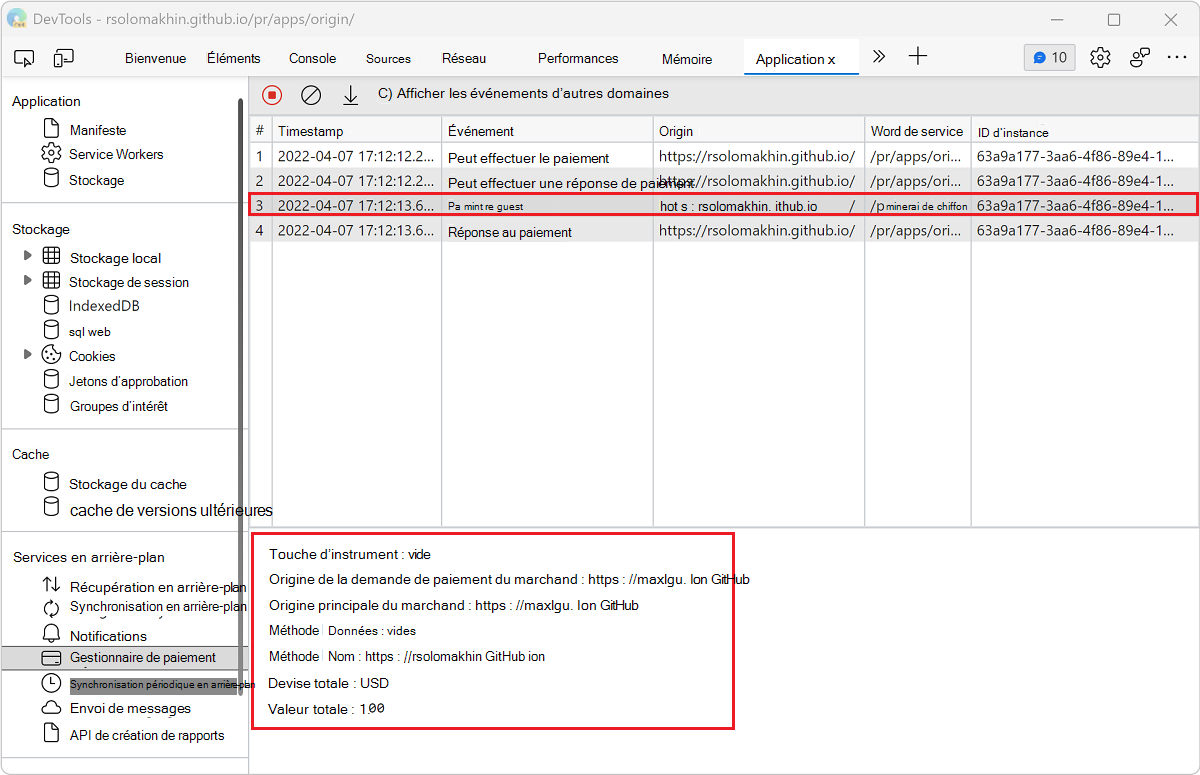 Afficher les détails d’un événement dans le volet Gestionnaire de paiement