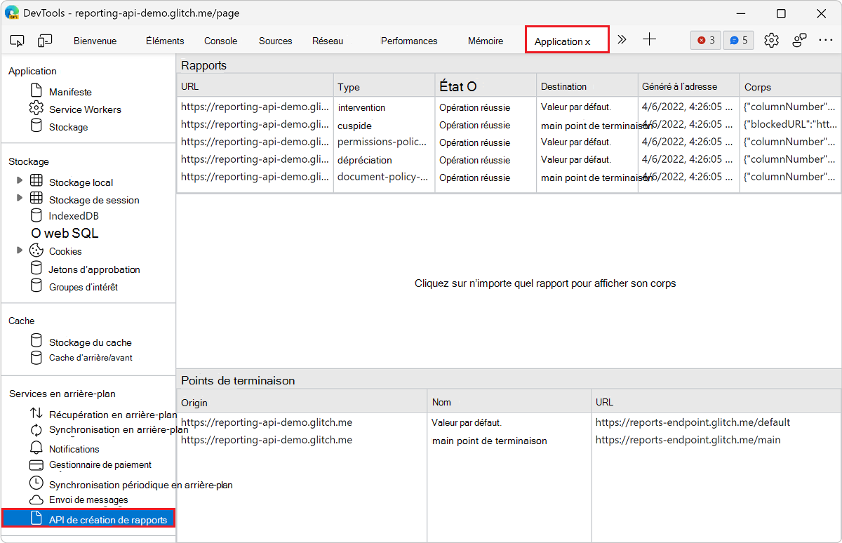 Ouvrir le volet API de création de rapports