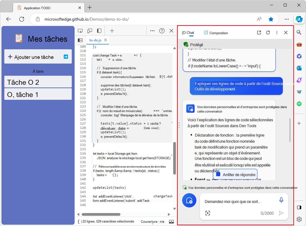 Copilot dans la barre latérale de Microsoft Edge, montrant le code source et l’explication.