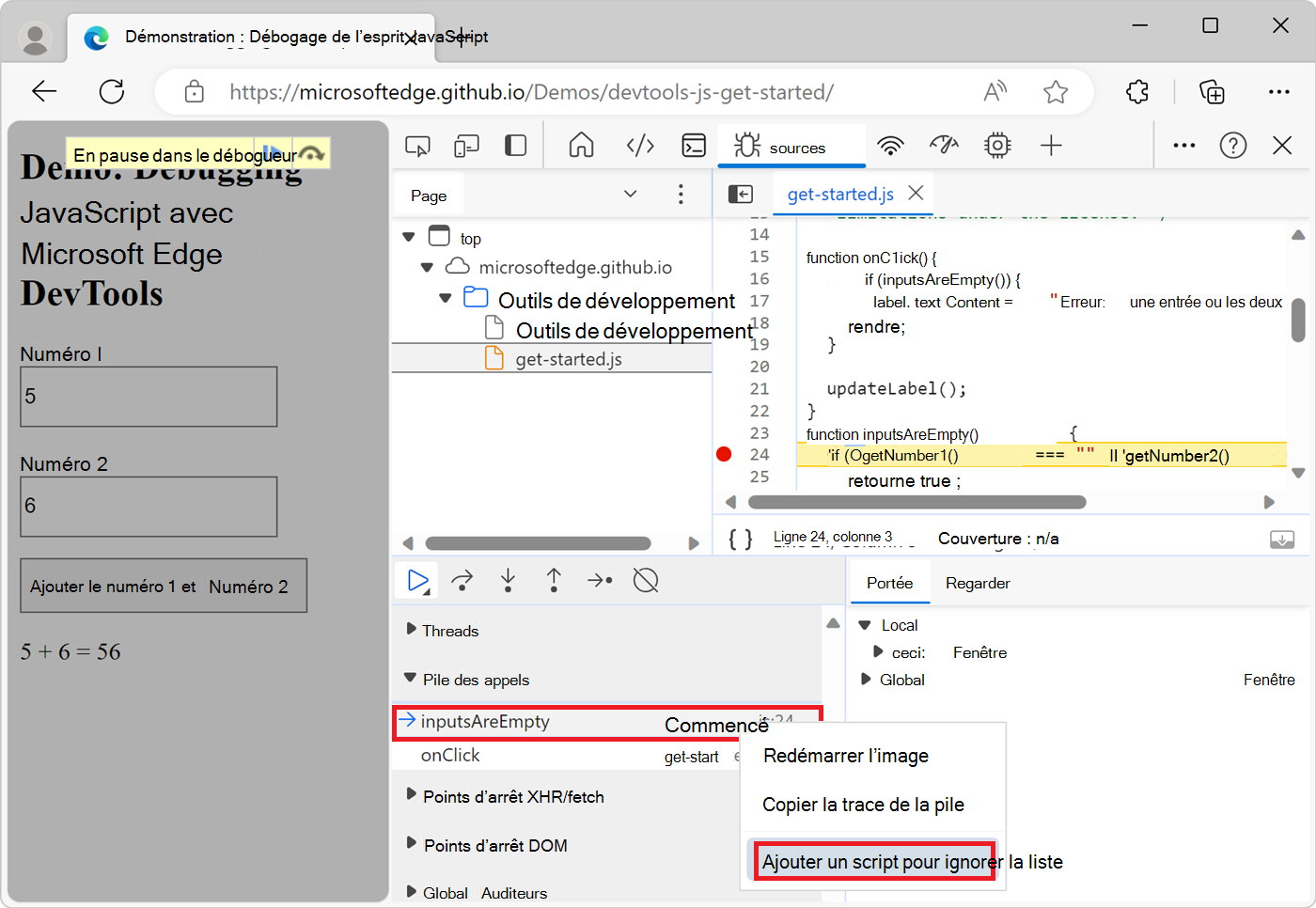 Ajout d’un script à la liste Ignorer à partir du volet Pile des appels