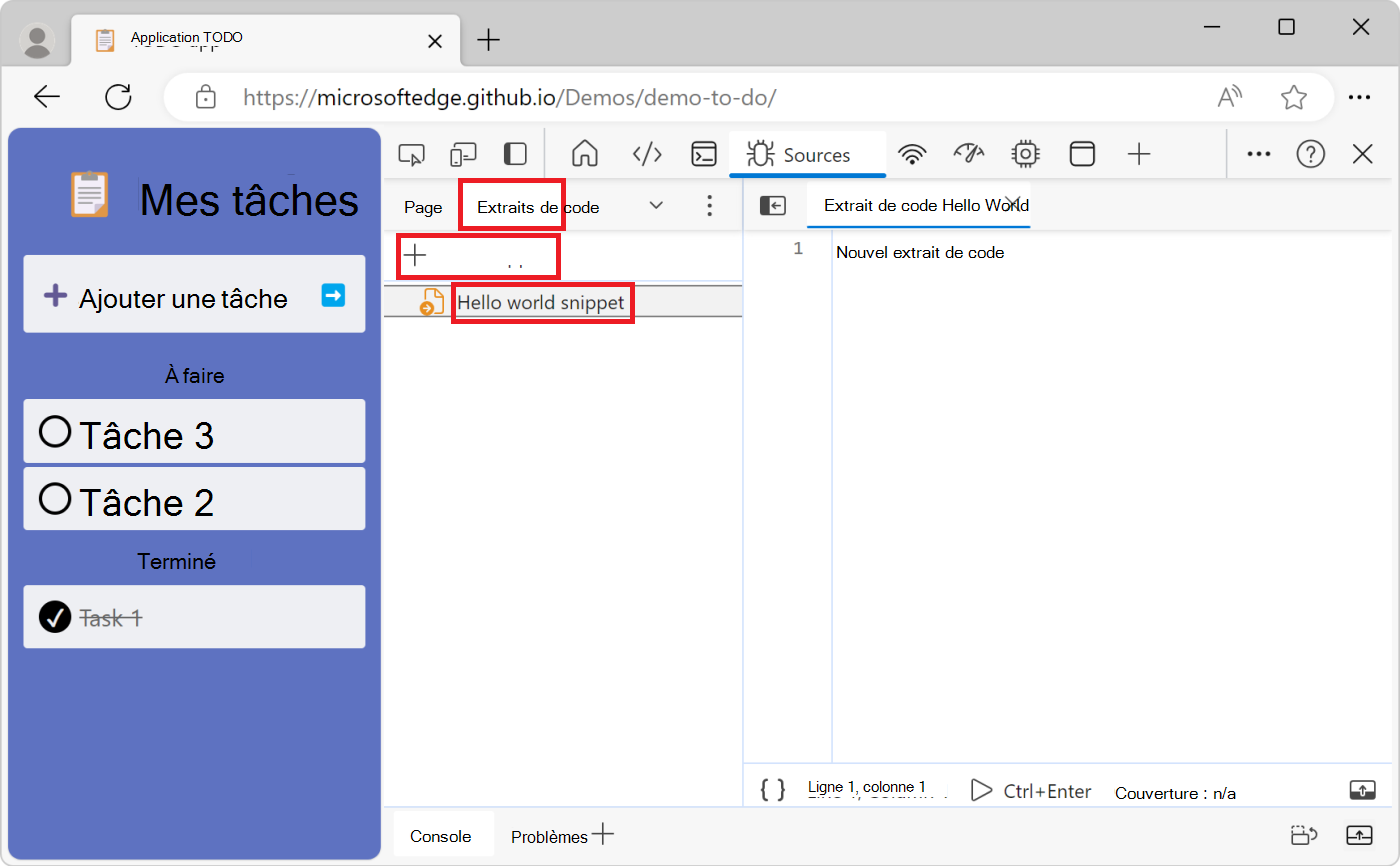 Nouvel extrait de code vide dans l’outil Sources
