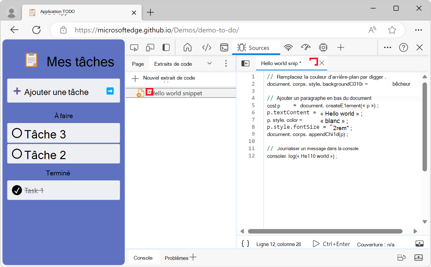Un astérisque en regard du nom de l’extrait de code indique le code non enregistré