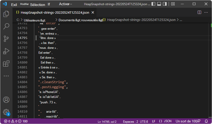 Chaînes du tas instantané, dans le fichier JSON