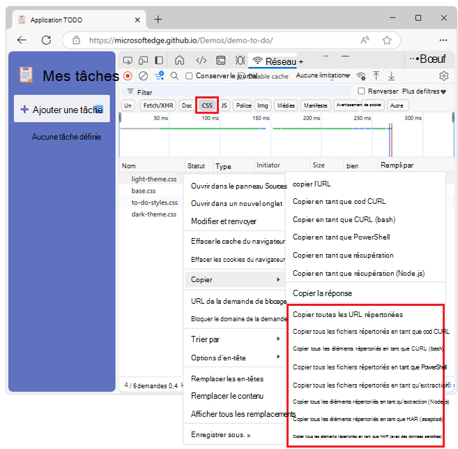Options de copie pour un ensemble de demandes filtré