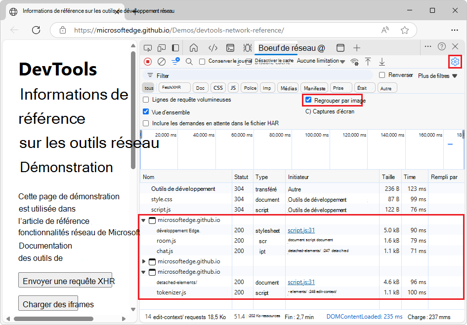 Journal des requêtes réseau avec les requêtes regroupées par iframes