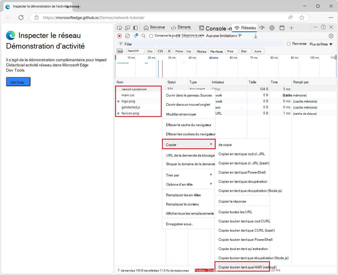 Sélection de « Enregistrer tout ce qui est répertorié en tant que HAR (aseptisé) »
