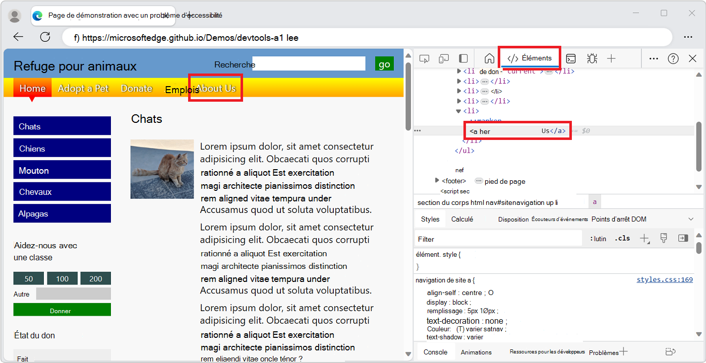 DevTools ouvert à droite de Microsoft Edge, avec un élément DOM sélectionné dans l’arborescence DOM de l’outil Éléments