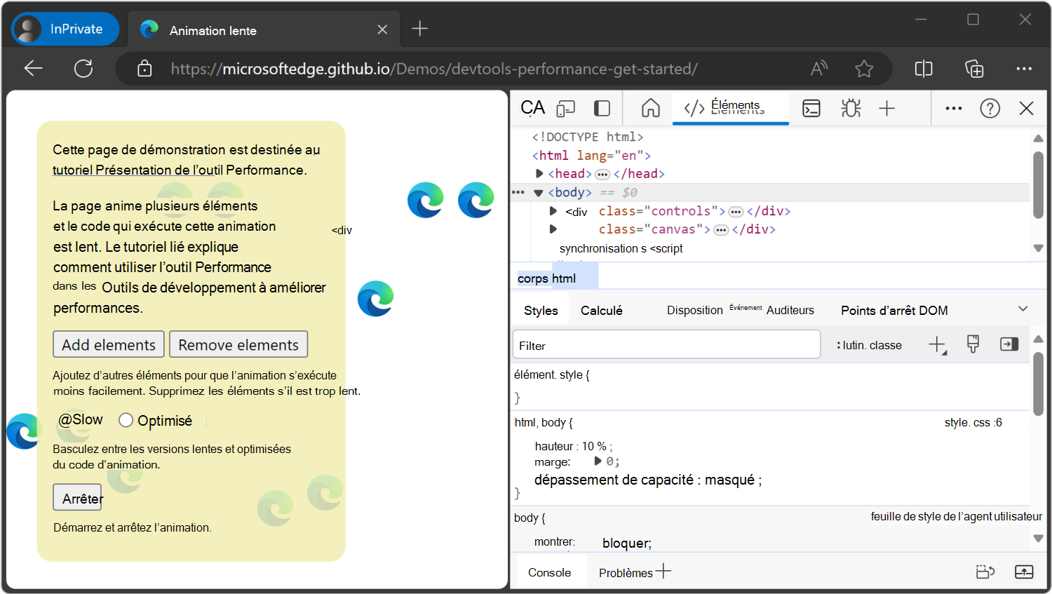 La démonstration sur la gauche et DevTools à droite