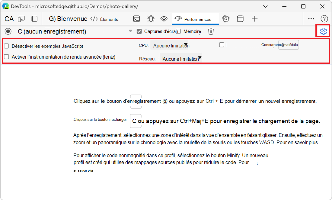 La section Paramètres de capture en haut de l’outil Performance