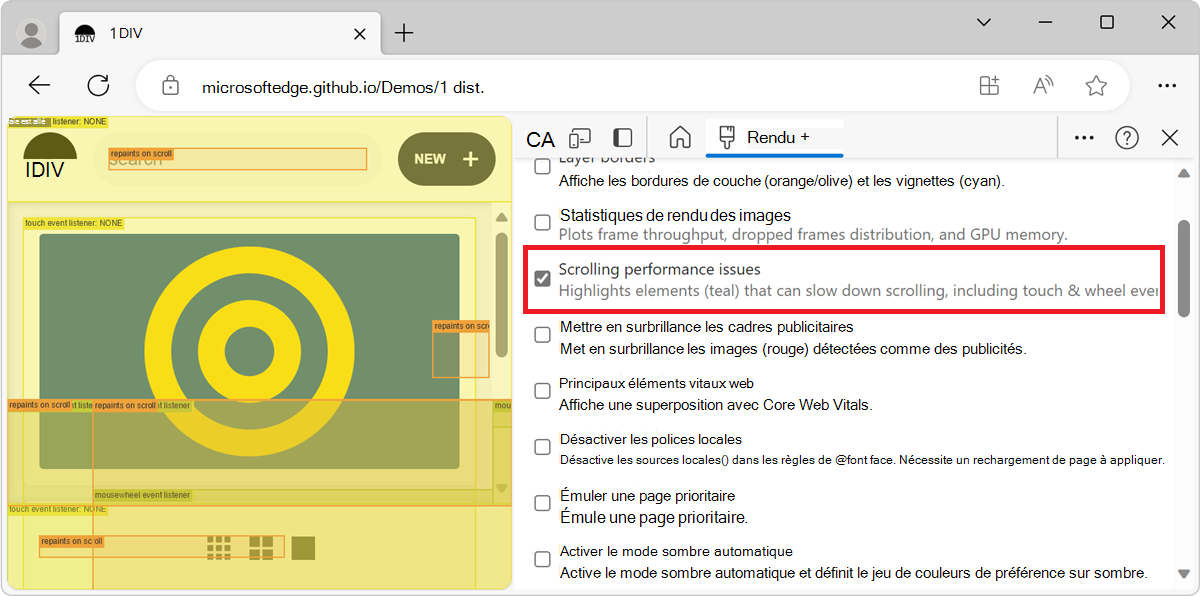Problèmes de performances de défilement indique que les objets non limités à la fenêtre d’affichage de couche peuvent nuire aux performances de défilement