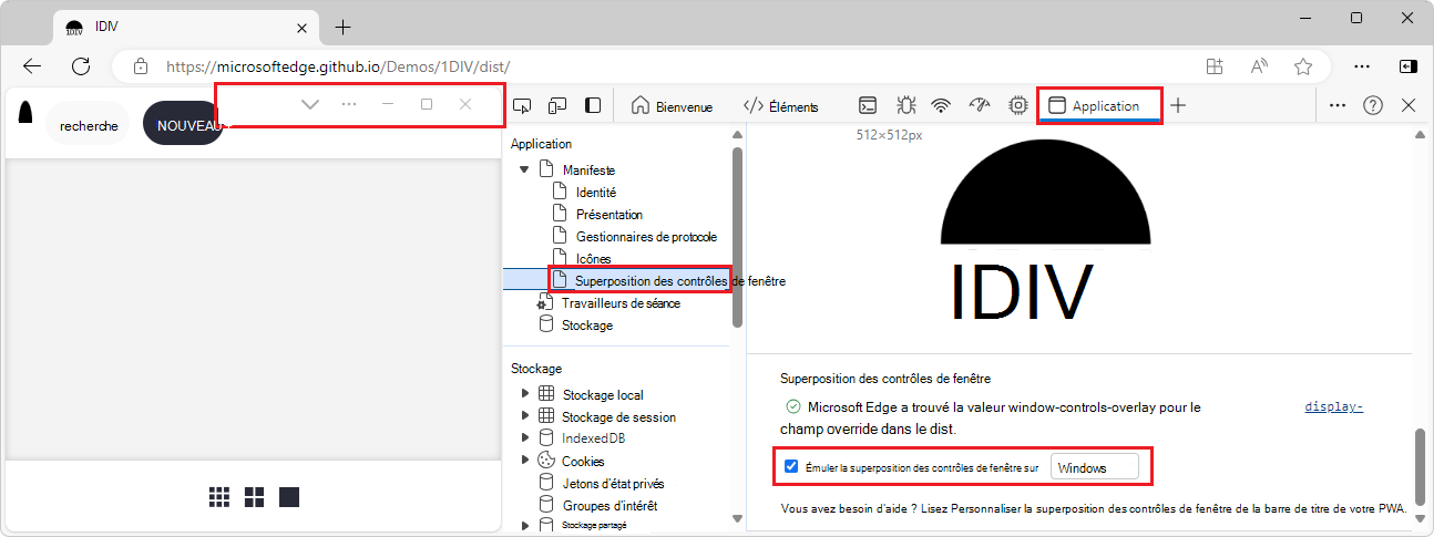 Superposition de contrôles de fenêtre en haut à droite de la page web de démonstration