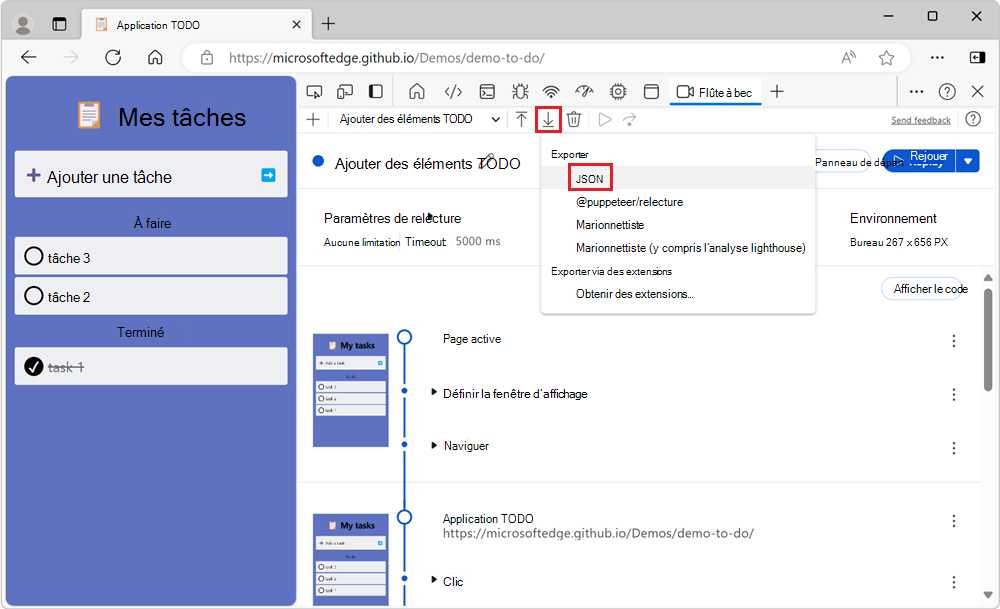 Le menu déroulant du bouton Exporter et l’option JSON