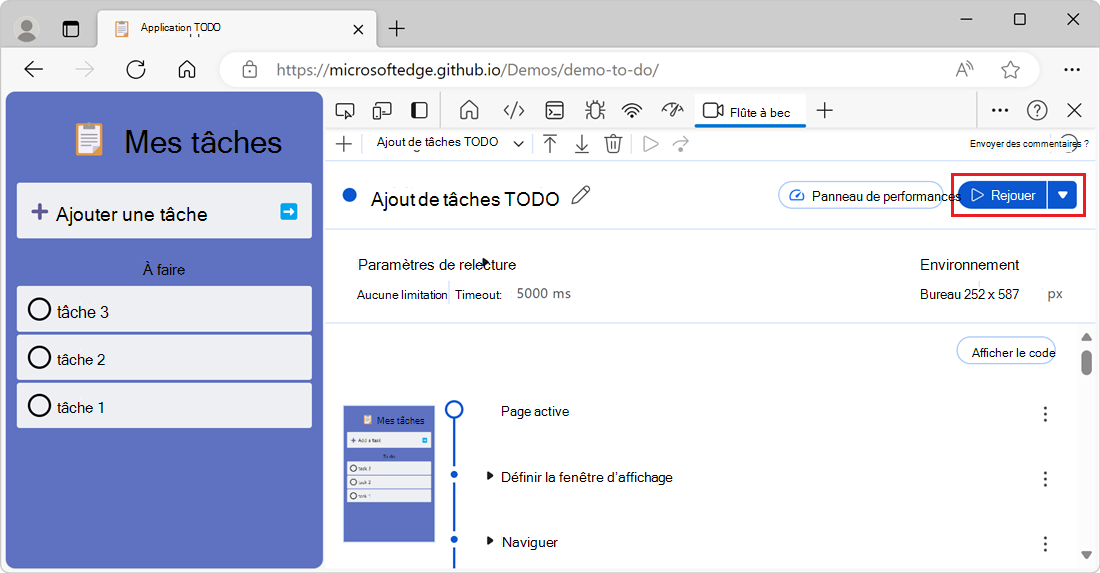 Bouton Relire sur une page de détails de flux d’utilisateur enregistrée