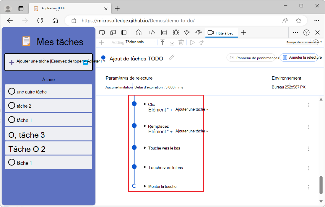 Interactions relues affichées sous forme d’animation dans l’outil Enregistreur