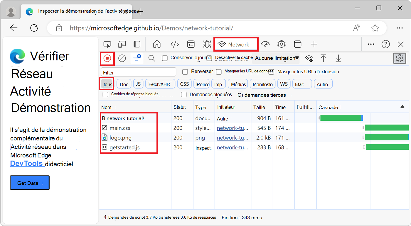 Fichiers de ressources de page web répertoriés dans le journal réseau, un fichier de ressources par ligne