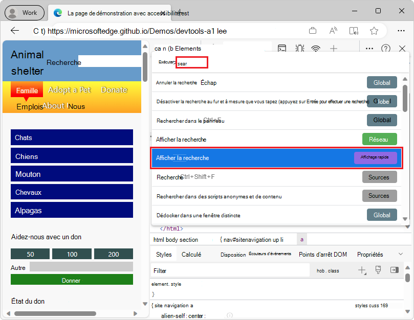 Menu Commandes avec l’élément Afficher la recherche sélectionné