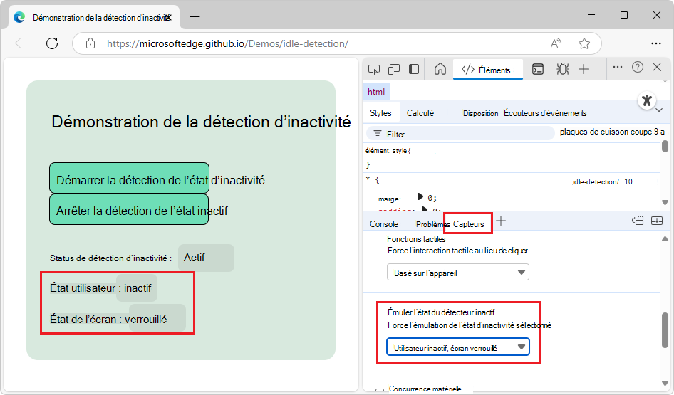 Sélection d’un état inactif et verrouillé sur une page de démonstration