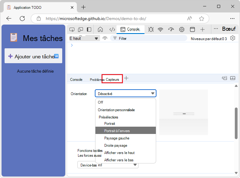 Sélection de « Portrait à l’envers » dans la liste « Orientation »
