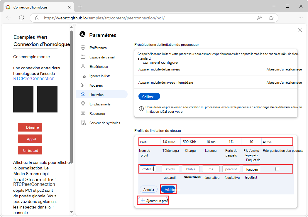 Création d’un profil sous l’onglet Limitation