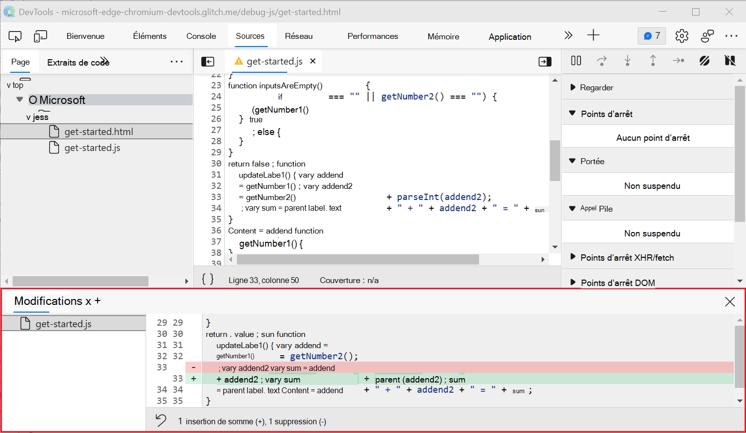 Affichage des modifications locales, sous l’onglet Modifications du panneau Affichage rapide