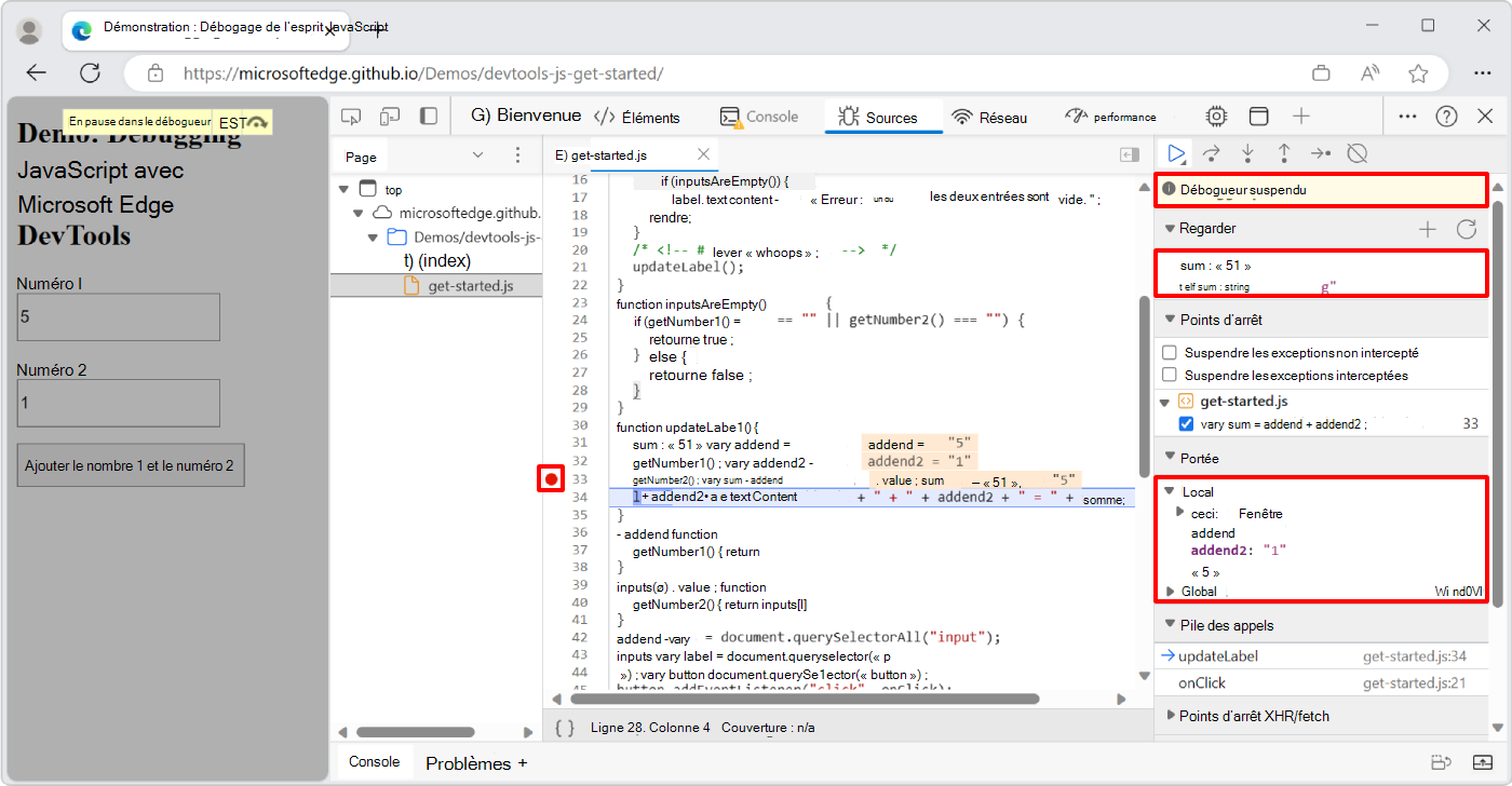 Entrée en mode Pause du débogueur