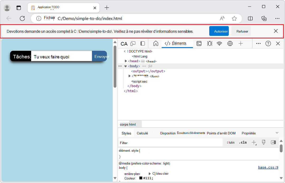 DevTools demandant à accéder au dossier