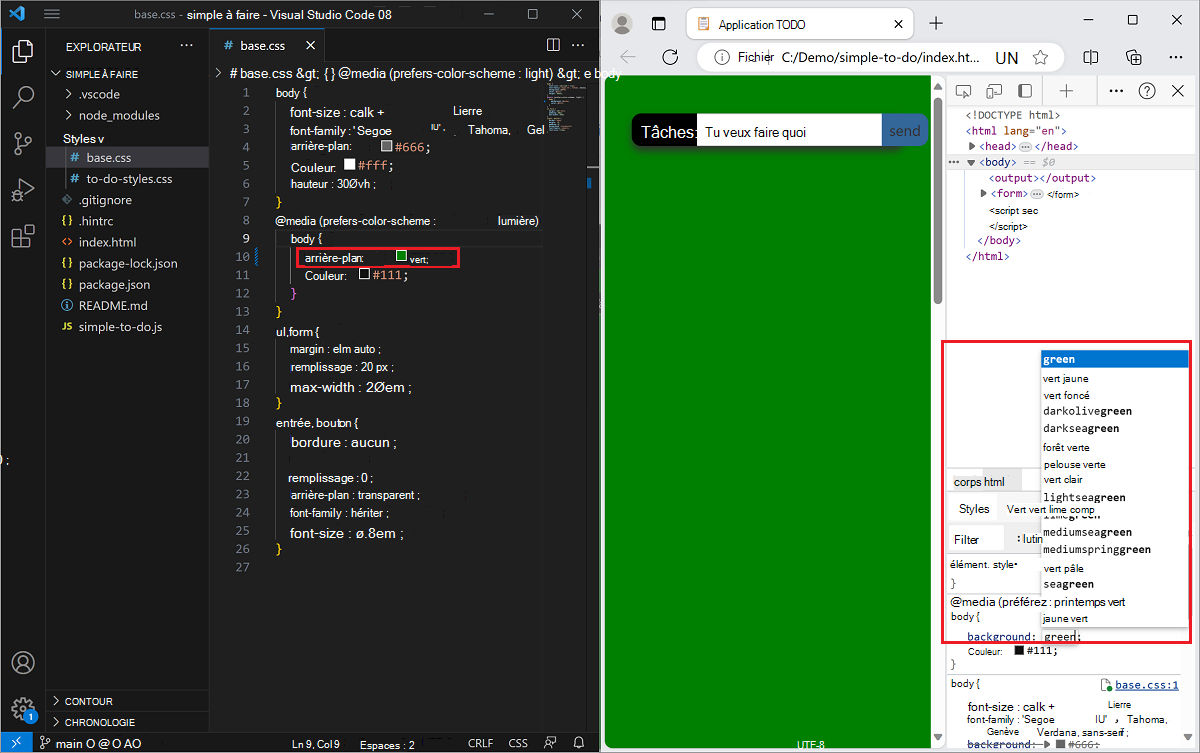Les modifications apportées au code dans l’outil Styles sont désormais répercutées dans le code source dans Visual Studio Code