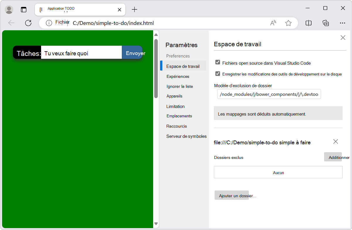 Volet paramètres de l’espace de travail affichant plusieurs options