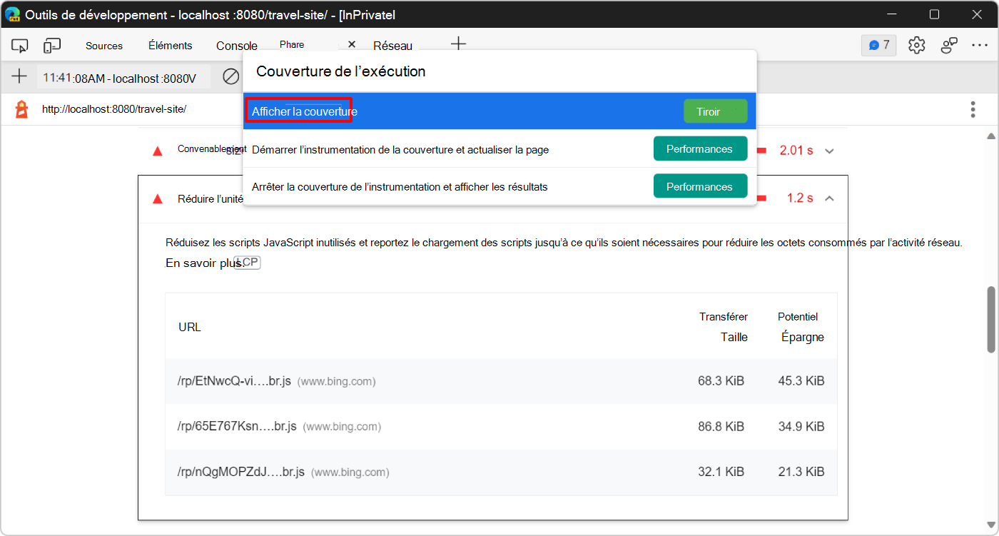 Menu Commande dans DevTools, montrant la commande Afficher la couverture
