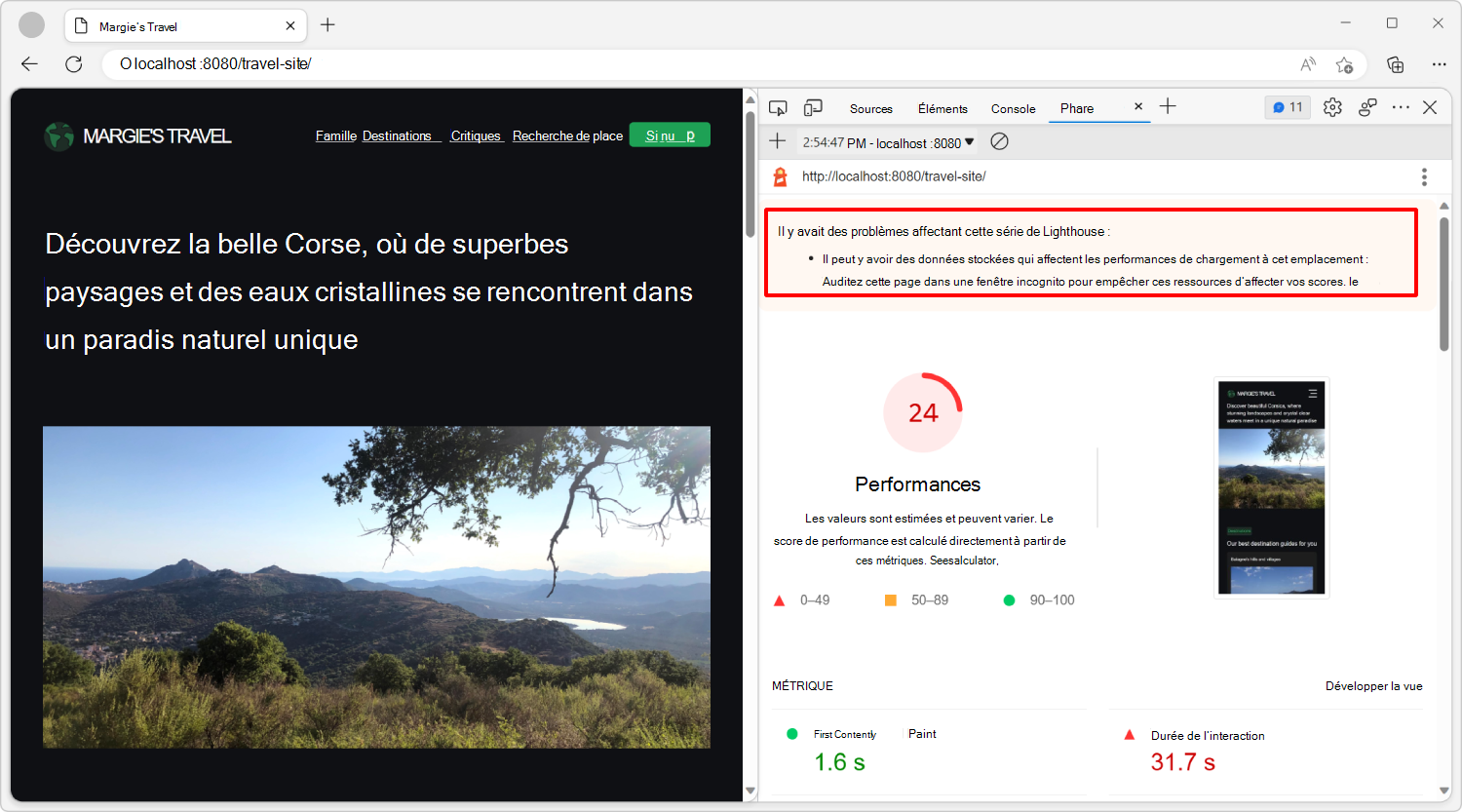 Une erreur en haut du rapport Lighthouse