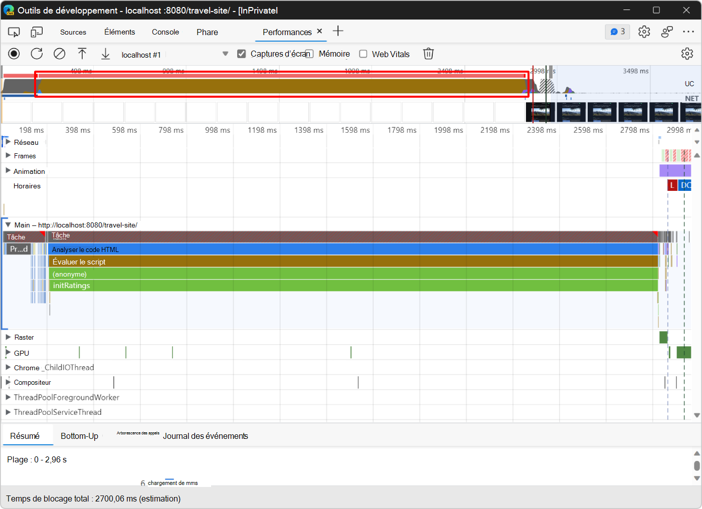 Une longue activité de script dans le graphique du processeur