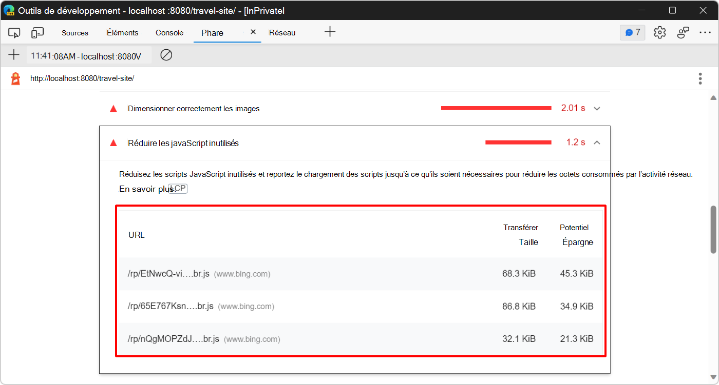 Section d’opportunité Lighthouse montrant les messages JavaScript inutilisés