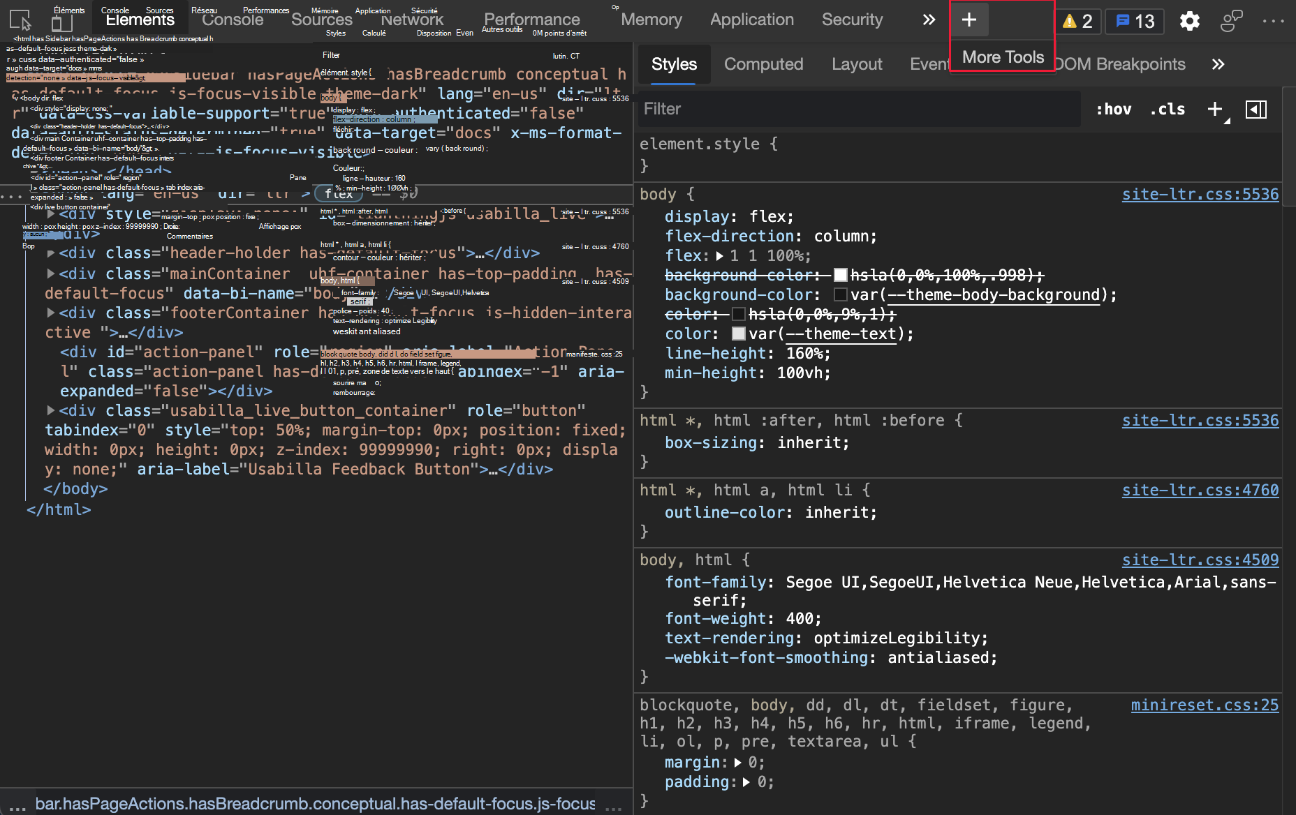 Autres outils mis en évidence dans DevTools