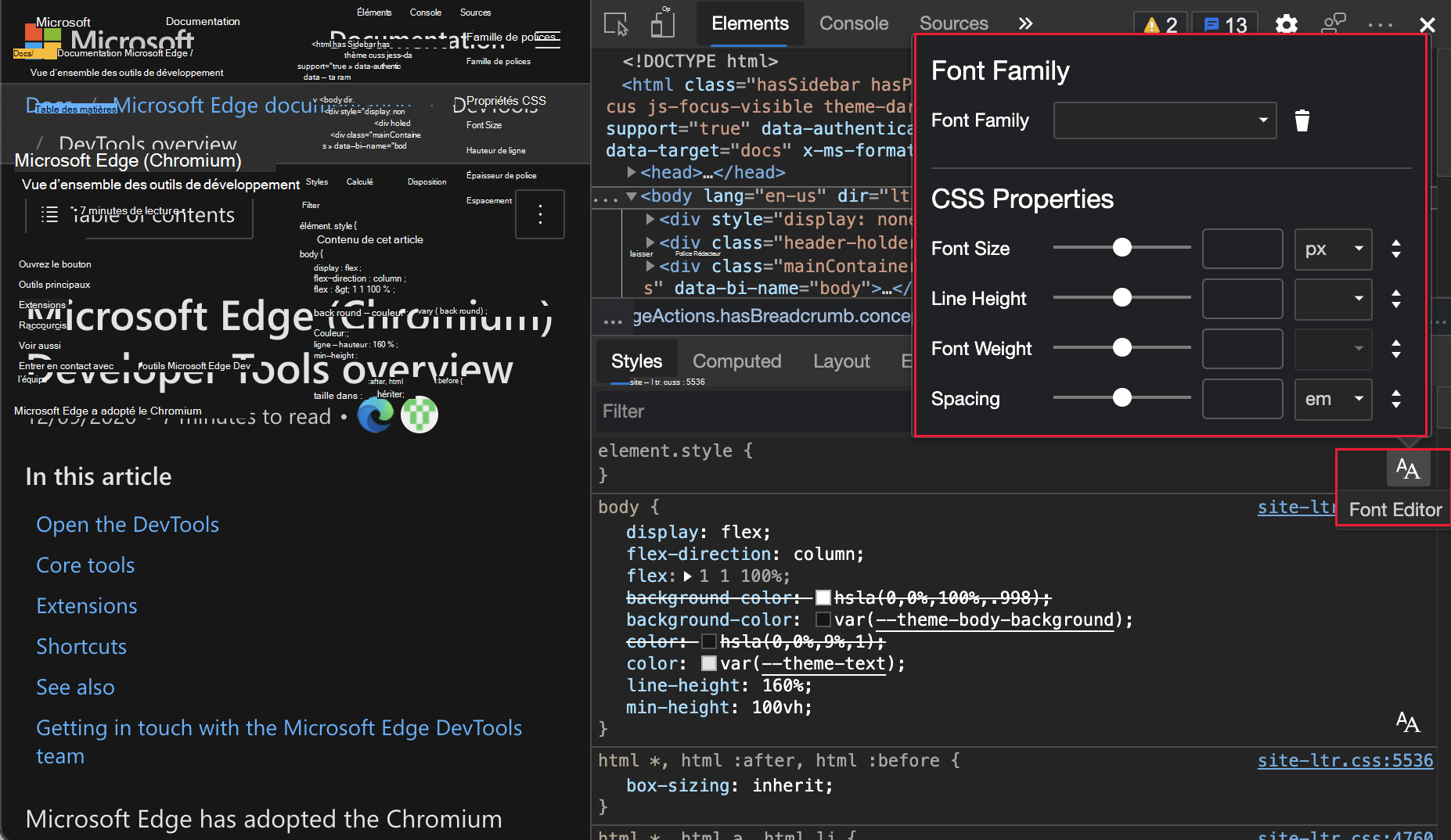 Éditeur de police visuel dans le volet Styles