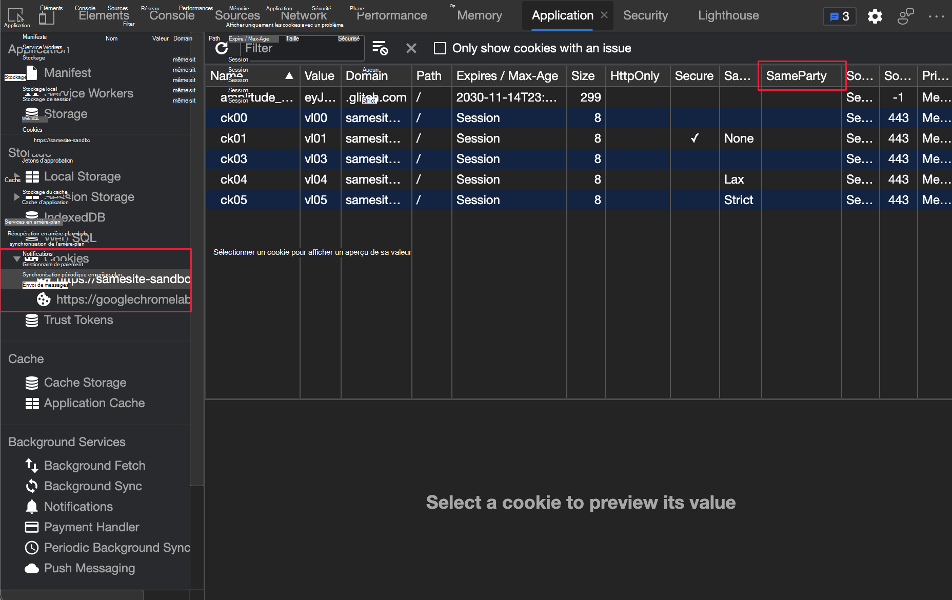 Colonne SameParty dans le volet Cookies