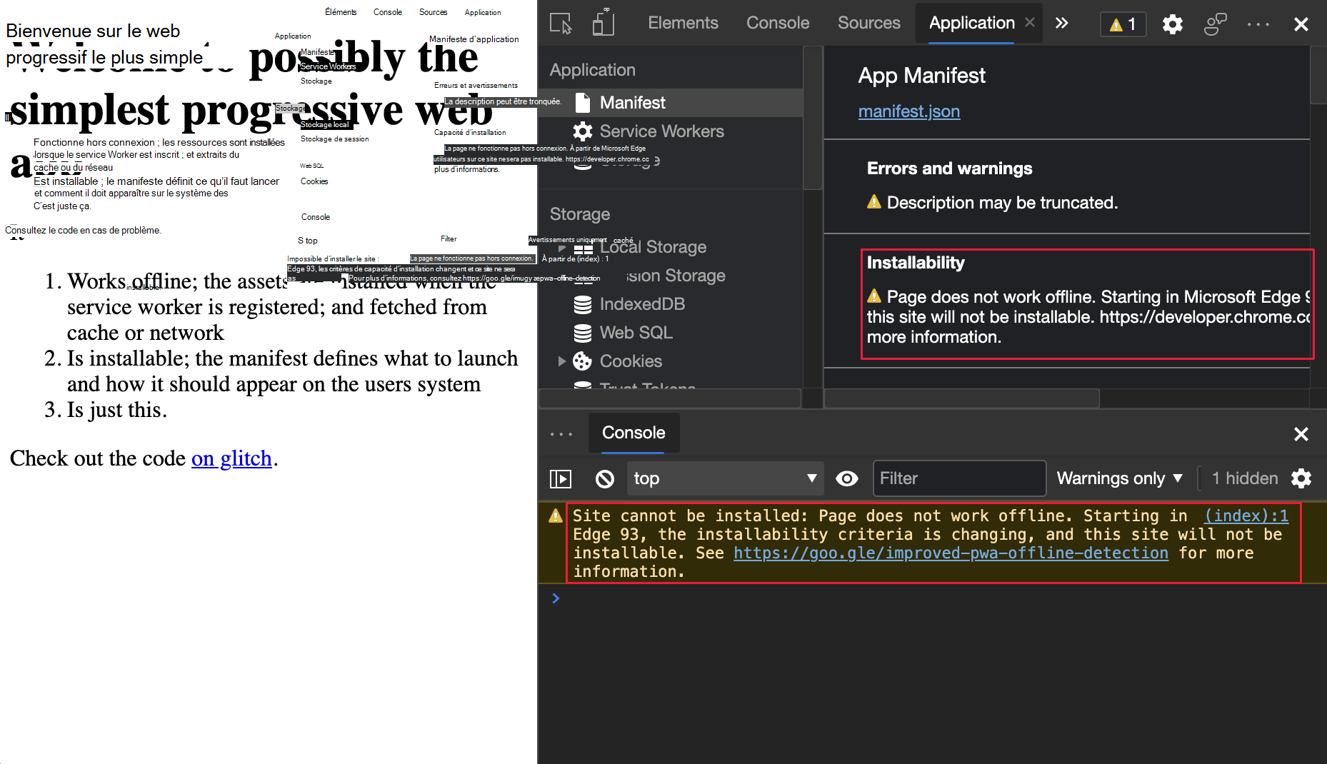 Avertissement d’installation PWA dans l’outil Console