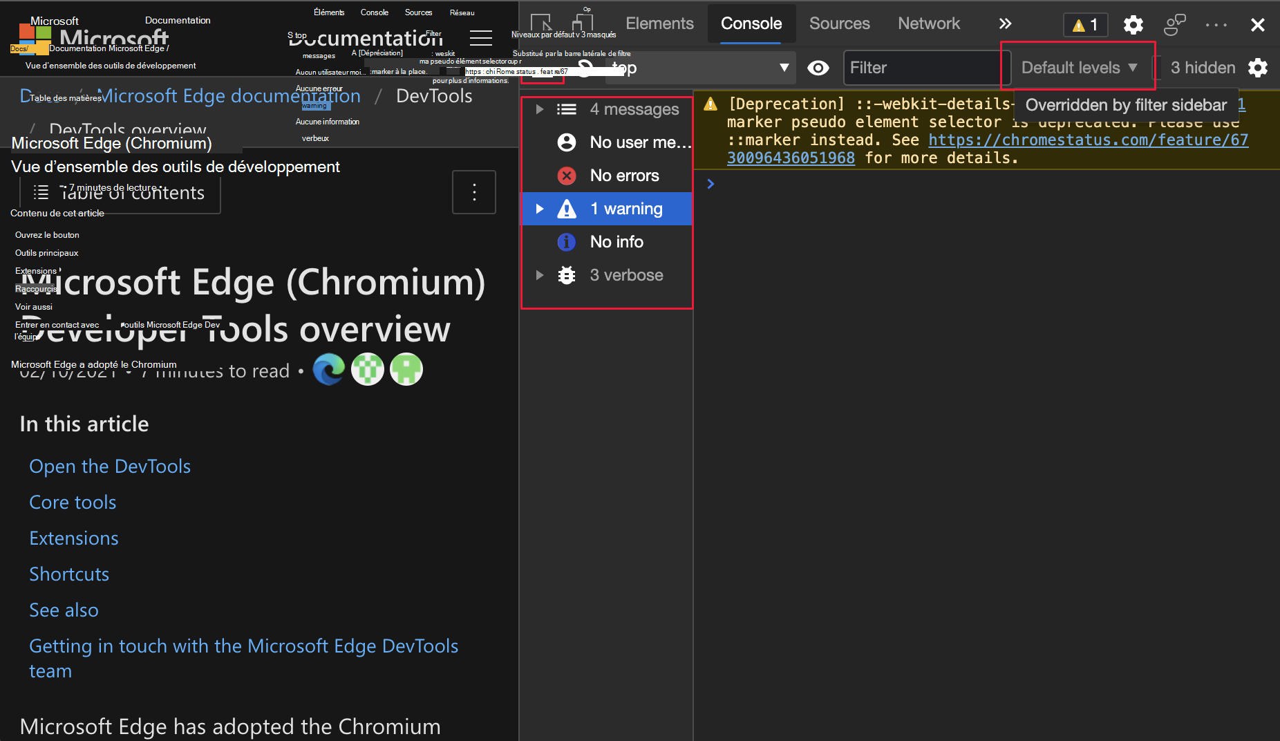 À partir de Microsoft Edge 90, si vous cliquez sur la barre latérale de la console et pointez sur Niveaux par défaut, elle ne se met pas en surbrillance.