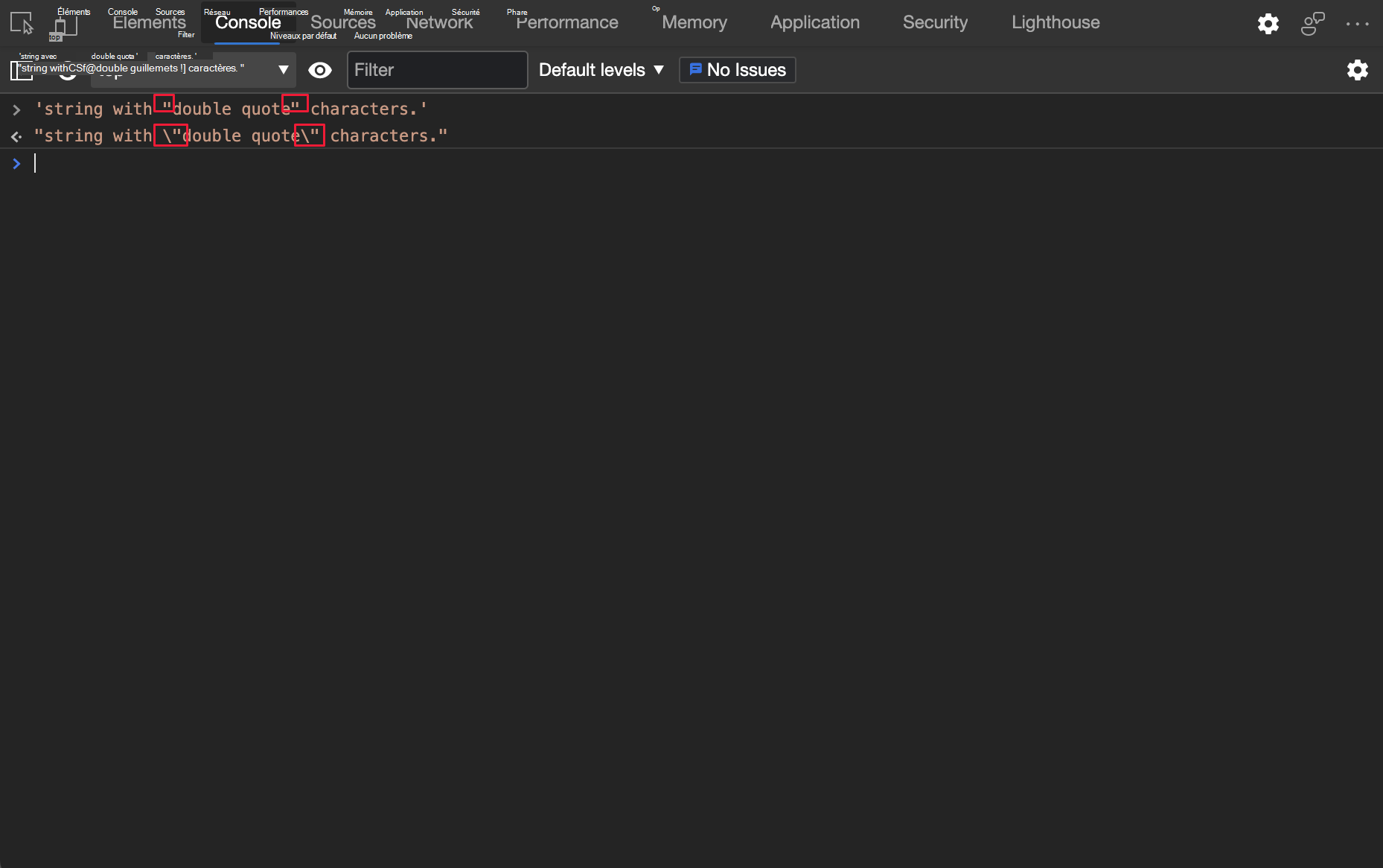 La console génère des chaînes JavaScript à l’aide de caractères guillemets doubles () placés dans une séquence d’échappement