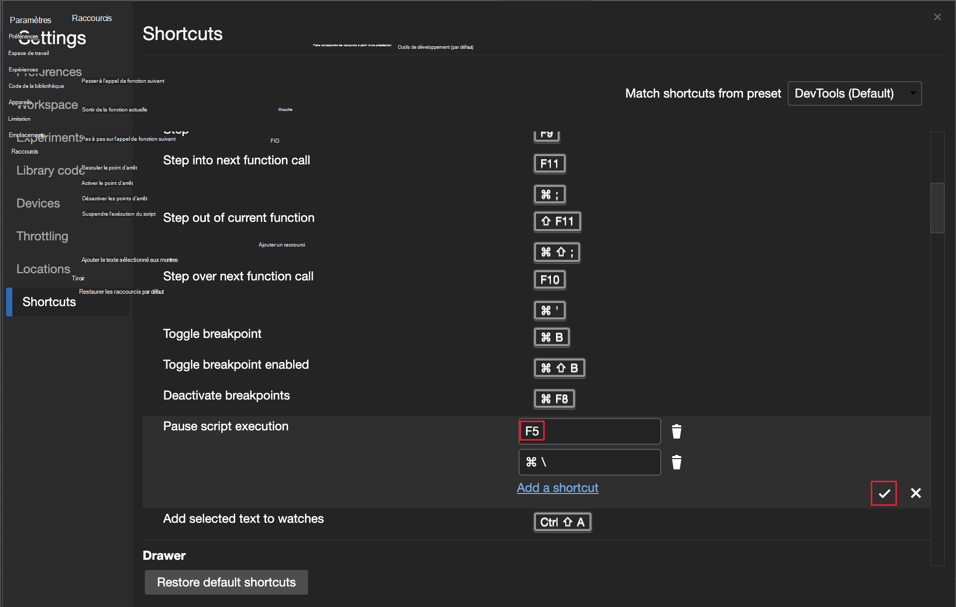 Personnaliser les raccourcis clavier dans les paramètres DevTools sur Raccourcis avec un raccourci en mode édition