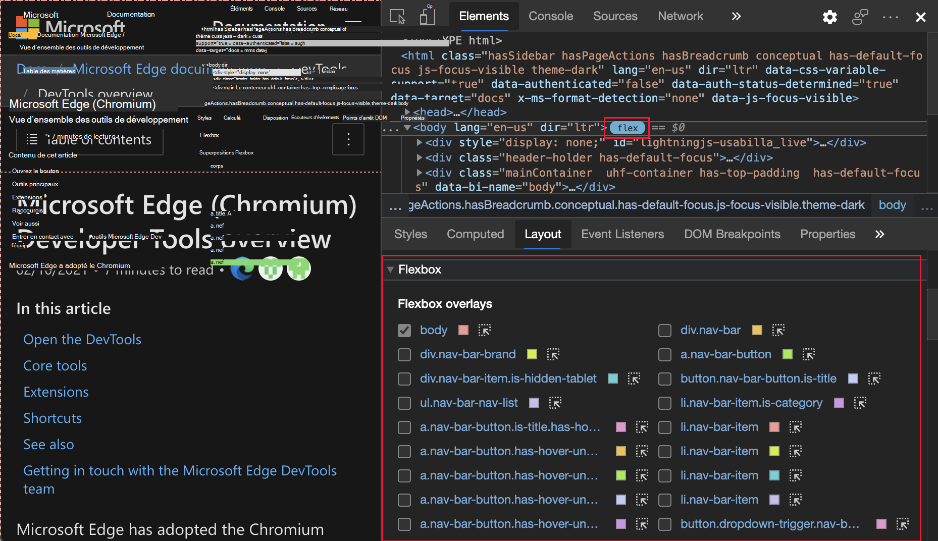 Section Flexbox dans le volet Disposition