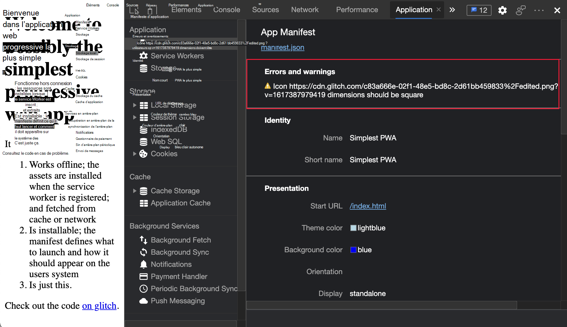 Dans Microsoft Edge version 90 ou antérieure, une erreur s’affiche pour chaque icône qui n’est pas carrée