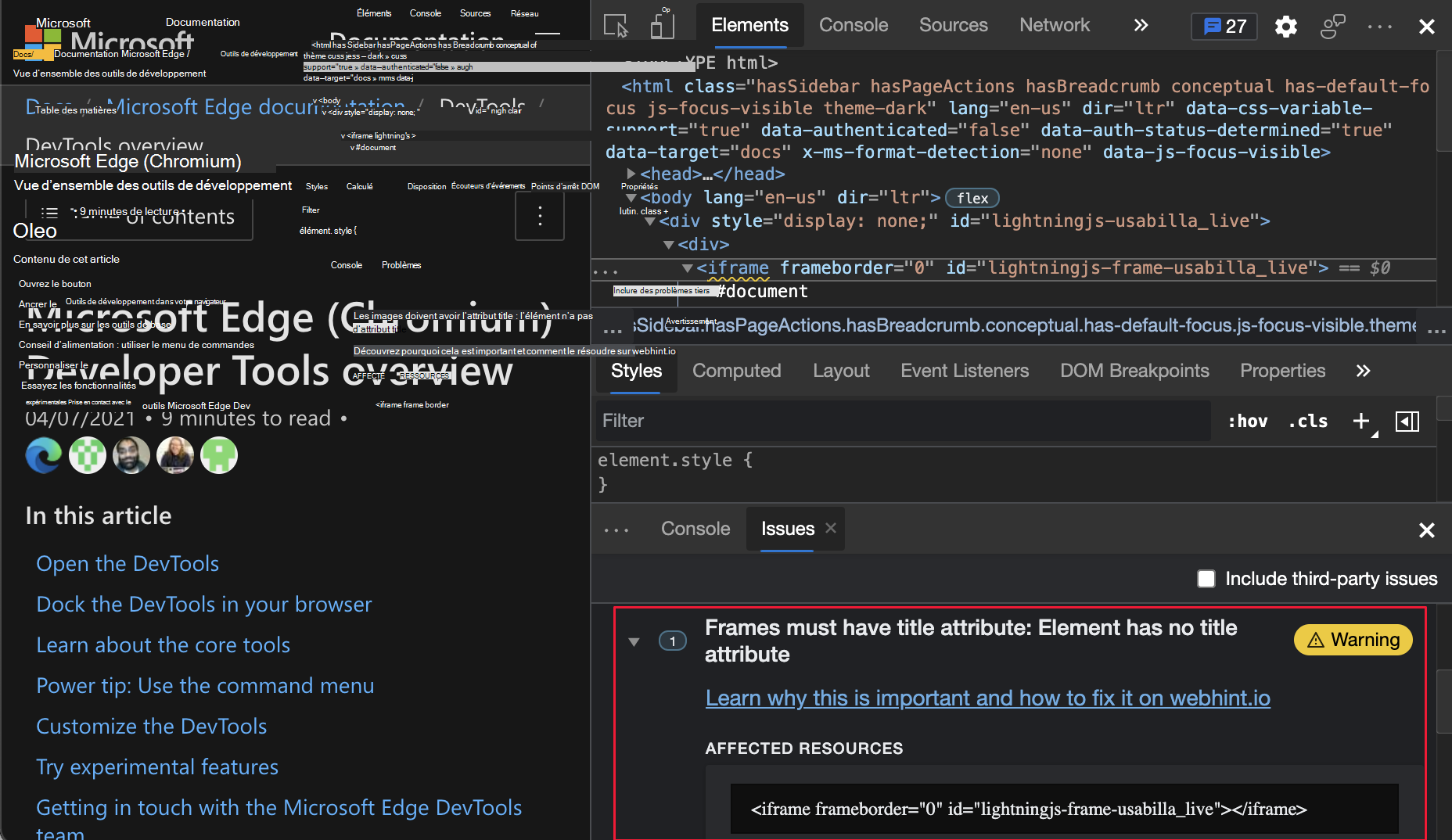 Affichage des détails de l’erreur dans l’outil Problèmes