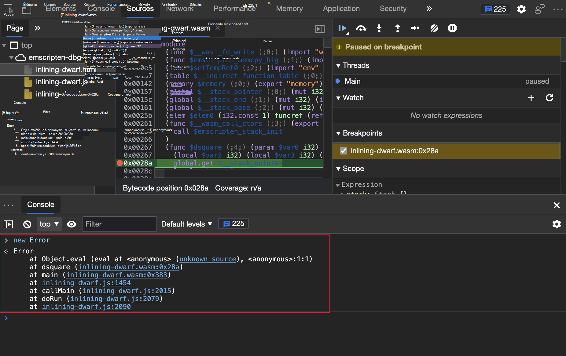 Traces de pile d’erreurs appropriées pour le débogage Wasm