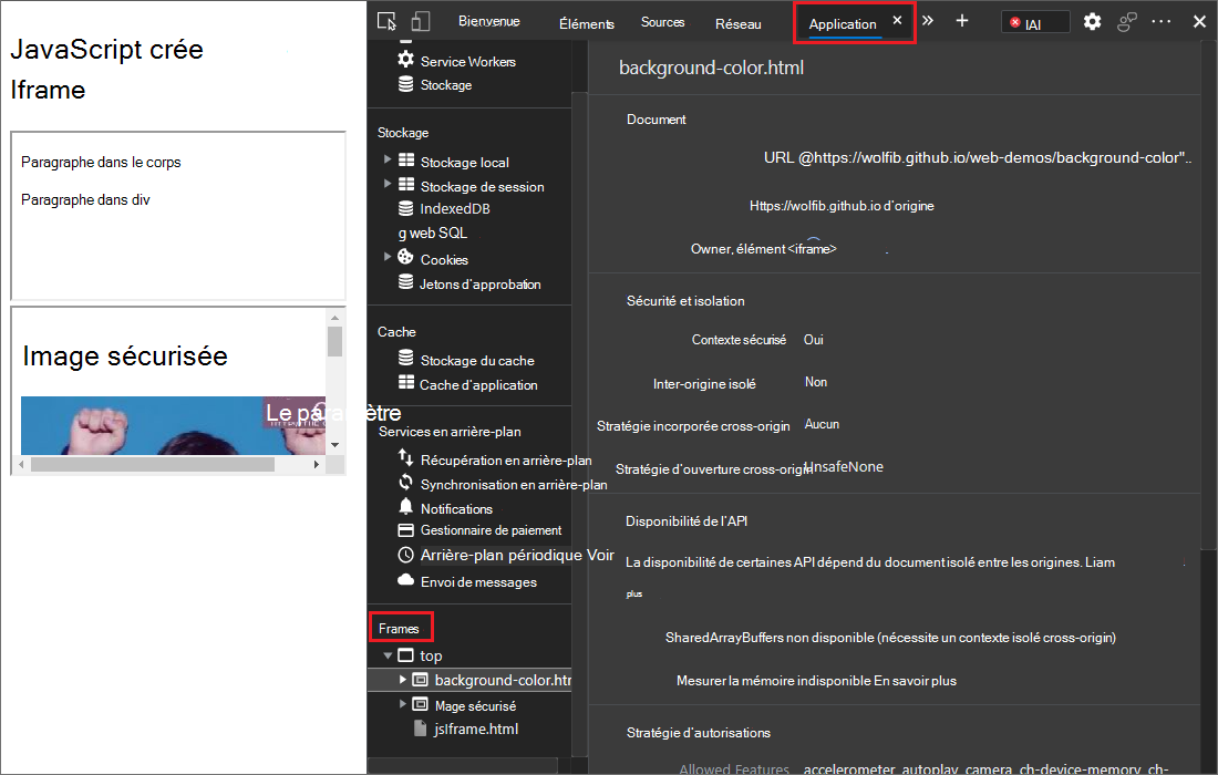 Détails du cadre dans l’outil Application