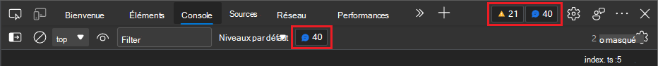 L’interface utilisateur des erreurs, des avertissements et des problèmes dans la barre d’outils et la console